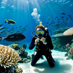 "A professional female diver, fully clothed in a modest, professional full-body diving suit, mask, and fins, gracefully observing a vibrant, pristine coral reef in the crystal-clear, blue-green waters of Raja Ampat, Indonesia. The reef is teeming with diverse, colorful fish, and features healthy hard and soft corals in intricate formations. In the mid-ground, a large school of fish swims in unison, and distant, majestic manta rays glide through the water. Sunlight pierces the surface, creating beautiful light rays. This high-quality underwater photograph emphasizes the untouched beauty and rich biodiversity of the Coral Triangle. Perfect anatomy, correct proportions, natural pose, well-formed hands, proper finger count, natural body proportions, safe for work, appropriate content, family-friendly."