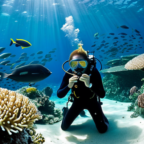 Home 11 "A professional female diver, fully clothed in a modest, professional full-body diving suit, mask, and fins, gracefully observing a vibrant, pristine coral reef in the crystal-clear, blue-green waters of Raja Ampat, Indonesia. The reef is teeming with diverse, colorful fish, and features healthy hard and soft corals in intricate formations. In the mid-ground, a large school of fish swims in unison, and distant, majestic manta rays glide through the water. Sunlight pierces the surface, creating beautiful light rays. This high-quality underwater photograph emphasizes the untouched beauty and rich biodiversity of the Coral Triangle. Perfect anatomy, correct proportions, natural pose, well-formed hands, proper finger count, natural body proportions, safe for work, appropriate content, family-friendly."