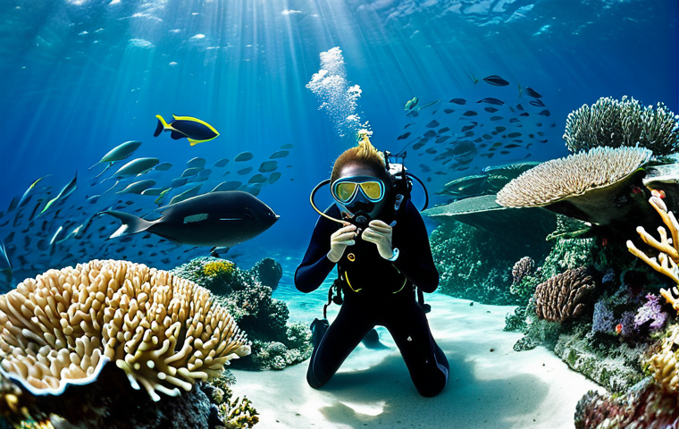 "A professional female diver, fully clothed in a modest, professional full-body diving suit, mask, and fins, gracefully observing a vibrant, pristine coral reef in the crystal-clear, blue-green waters of Raja Ampat, Indonesia. The reef is teeming with diverse, colorful fish, and features healthy hard and soft corals in intricate formations. In the mid-ground, a large school of fish swims in unison, and distant, majestic manta rays glide through the water. Sunlight pierces the surface, creating beautiful light rays. This high-quality underwater photograph emphasizes the untouched beauty and rich biodiversity of the Coral Triangle. Perfect anatomy, correct proportions, natural pose, well-formed hands, proper finger count, natural body proportions, safe for work, appropriate content, family-friendly."