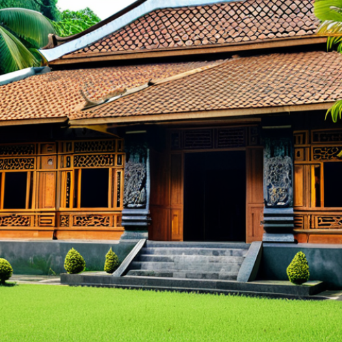 Home 6 **
"A traditional Javanese Joglo house, fully clothed, viewed from a respectful distance. Intricate wood carvings adorn the exterior. Lush tropical foliage surrounds the home. The scene is bathed in warm, natural light. Safe for work, appropriate content, family-friendly, perfect anatomy, correct proportions, professional architectural photography, high quality, modest setting."
**