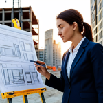 **

A professional female architect, fully clothed in a modest business attire (blazer, trousers), reviewing blueprints on a construction site at sunrise. Background includes modern buildings and construction equipment. Perfect anatomy, correct proportions, natural pose, well-formed hands, proper finger count, natural body proportions, professional photography, high quality, safe for work, appropriate content, professional.

**