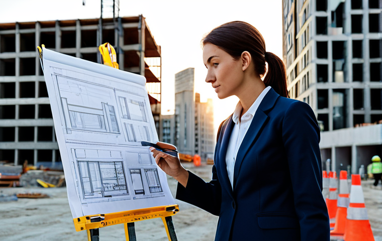 **

A professional female architect, fully clothed in a modest business attire (blazer, trousers), reviewing blueprints on a construction site at sunrise. Background includes modern buildings and construction equipment. Perfect anatomy, correct proportions, natural pose, well-formed hands, proper finger count, natural body proportions, professional photography, high quality, safe for work, appropriate content, professional.

**