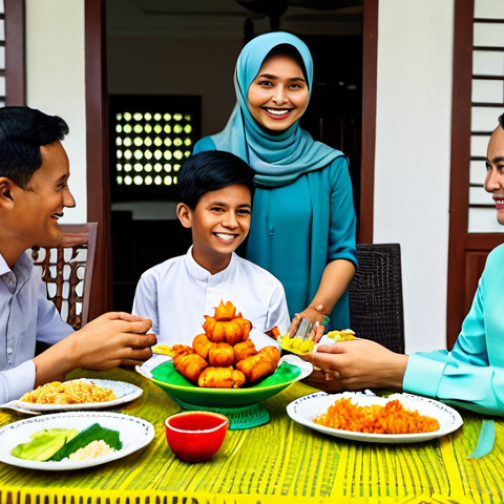인도네시아의 종교적 축제 - **Image Prompt:** A family-friendly scene depicting an Indonesian family in modest clothing, gathere...