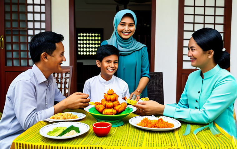 인도네시아의 종교적 축제 - **Image Prompt:** A family-friendly scene depicting an Indonesian family in modest clothing, gathere...