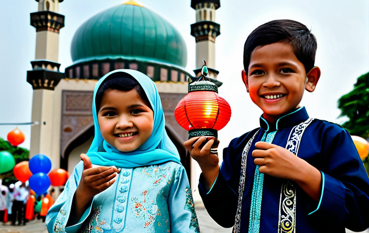 인도네시아의 종교적 축제 - **Image Prompt:** A family-friendly scene depicting an Indonesian family in modest clothing, gathere...