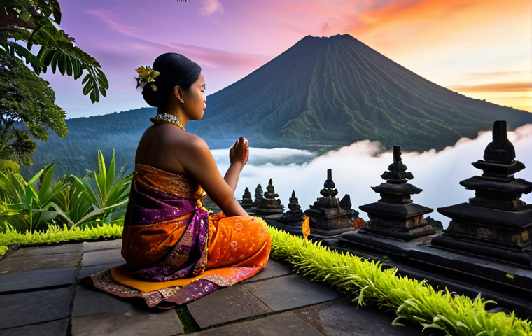인도네시아와 필리핀의 문화 비교 - Image Prompt 1: Indonesian Spiritual Serenity and Volcanic Grandeur**