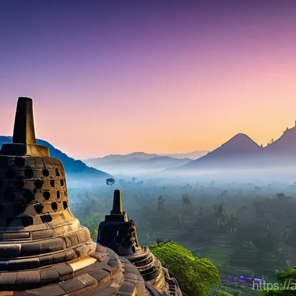 보로부두르 사원 역사 - **Image Prompt: Borobudur Sunrise - Spiritual Awakening**
    "A majestic wide-angle shot of Borobud...