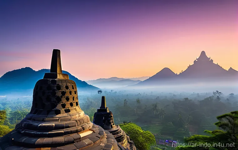 보로부두르 사원 역사 - **Image Prompt: Borobudur Sunrise - Spiritual Awakening**
    "A majestic wide-angle shot of Borobud...
