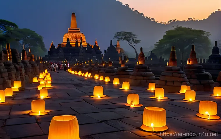 보로부두르 사원 역사 - **Image Prompt: Borobudur's Ancient Narratives in Stone**
    "A detailed, medium close-up shot focu...