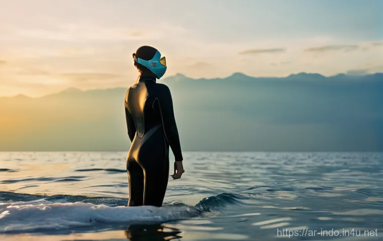 발리에서의 스쿠버다이빙 - **Prompt:** A female diver, wearing a modest, full-body wetsuit, stands at the edge of a traditional...