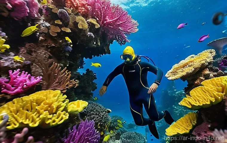 발리에서의 스쿠버다이빙 - **Prompt:** A female diver, wearing a modest, full-body wetsuit, stands at the edge of a traditional...
