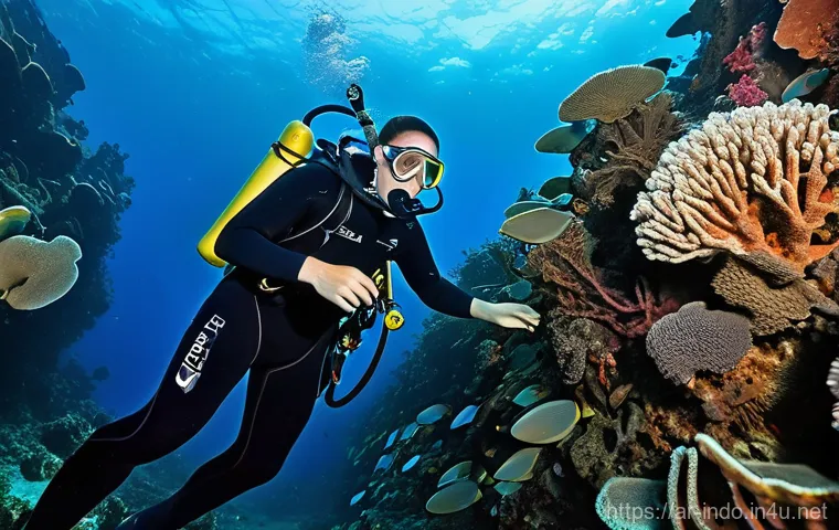 발리에서의 스쿠버다이빙 - **Prompt:** An underwater scene in Bali, featuring a male diver (wearing a full wetsuit and complete...