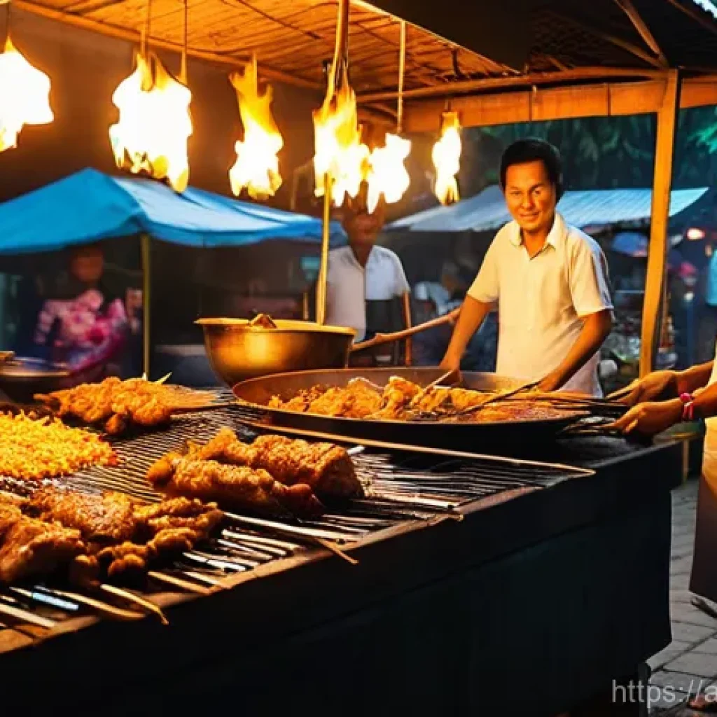 인도네시아의 스트리트 푸드 - **Prompt:** "A vibrant and bustling Indonesian street food market at sunset. Numerous diverse food s...