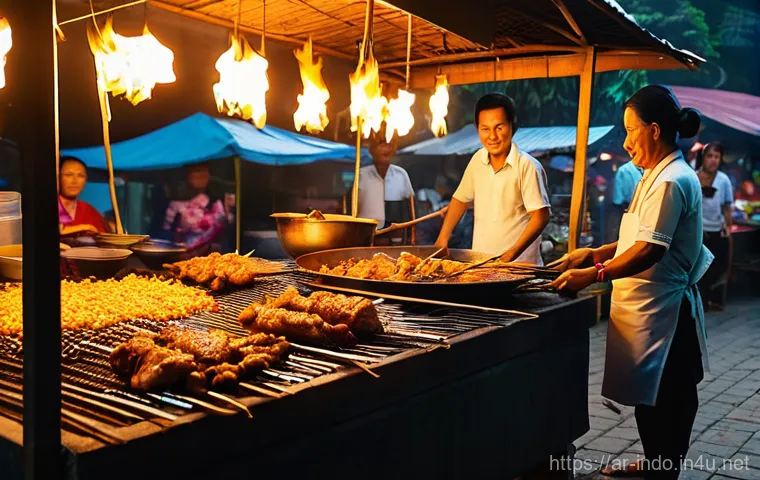 인도네시아의 스트리트 푸드 - **Prompt:** "A vibrant and bustling Indonesian street food market at sunset. Numerous diverse food s...
