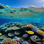 인도네시아 해양 스포츠 - A vibrant underwater scene at the Kura coral reefs in Bali, showcasing colorful coral formations tee...
