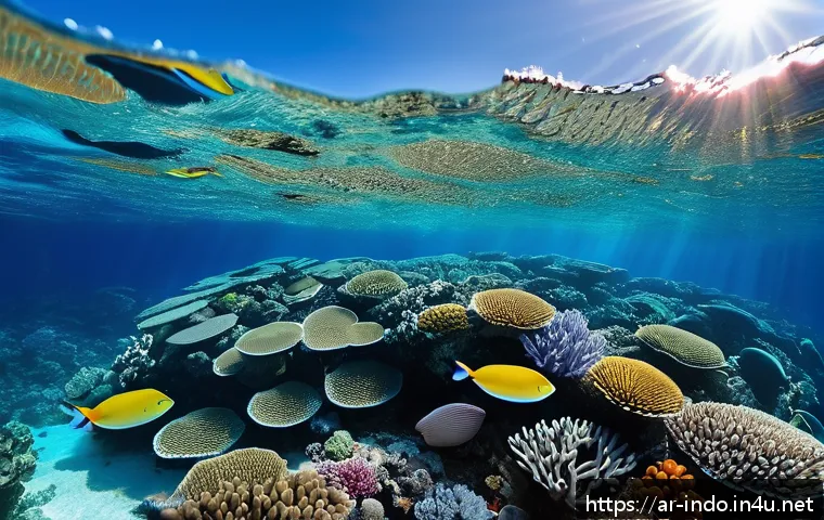 인도네시아 해양 스포츠 - A vibrant underwater scene at the Kura coral reefs in Bali, showcasing colorful coral formations tee...