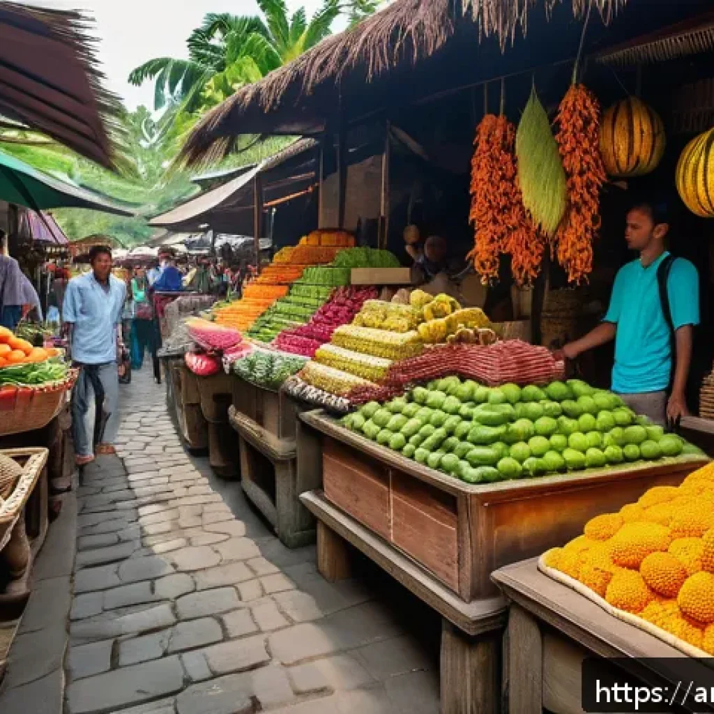 인도네시아 여행 경비 - A vibrant street market scene in Ubud, Bali, filled with local vendors selling colorful fruits, spic...
