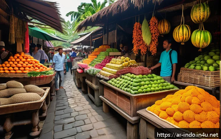 인도네시아 여행 경비 - A vibrant street market scene in Ubud, Bali, filled with local vendors selling colorful fruits, spic...