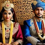 인도네시아 전통 의상 - A vibrant traditional Indonesian wedding scene featuring a bride and groom dressed in richly embroid...