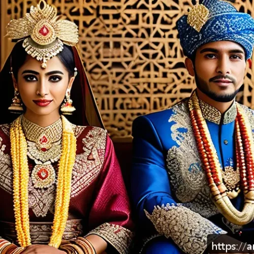 인도네시아 전통 의상 - A vibrant traditional Indonesian wedding scene featuring a bride and groom dressed in richly embroid...