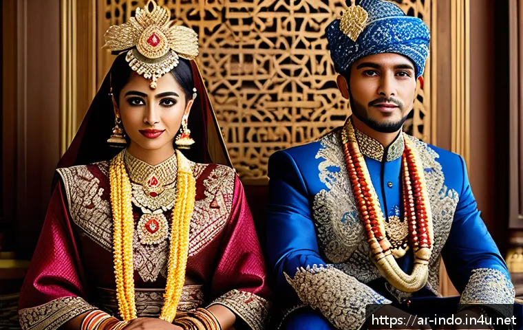 인도네시아 전통 의상 - A vibrant traditional Indonesian wedding scene featuring a bride and groom dressed in richly embroid...