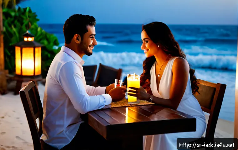 발리 나이트라이프 - Photorealistic Bali nightlife scene at an elegant open-air beach lounge, modestly dressed Arab coupl...