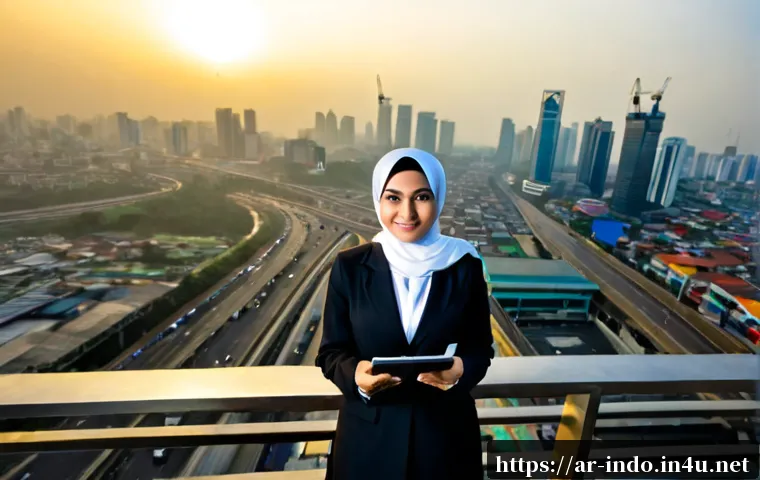 인도네시아 경제 현황 - Photorealistic wide-angle view of Jakarta’s modern financial district at sunrise, a confident Arab b...