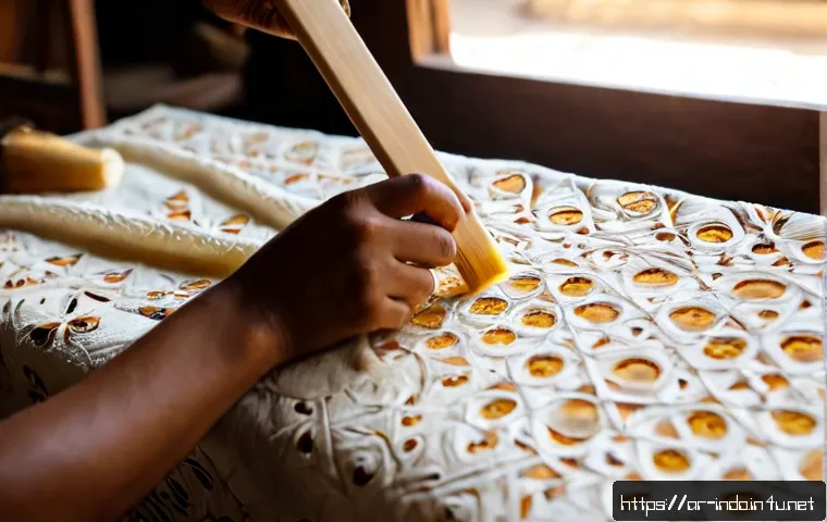 Home 17 인도네시아 전통 직물 바틱 - Photorealistic close-up of an Indonesian artisan’s hands applying hot wax with a traditional canting...