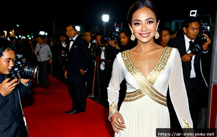 인도네시아 유명 연예인 - Photorealistic Indonesian film celebrity woman arriving at an elegant Jakarta premiere, refined mode...